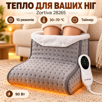 Электрогрелка для ног Zortiva 28265 с пультом и таймером, 10 режимов нагрева, 30–70 °C, 90 Вт, серая