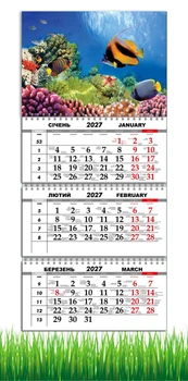 Календар настінний квартальний на 2027 рік на три пружини , Apriori , Риби, Червоне Море, Природа , 29,7х61см