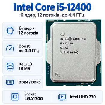 Процесор Intel Core i5-12400 6 ядер 12 потоків 2.5-4.4 ГГц 18 МБ LGA1700 Tray (CM8071504555317)