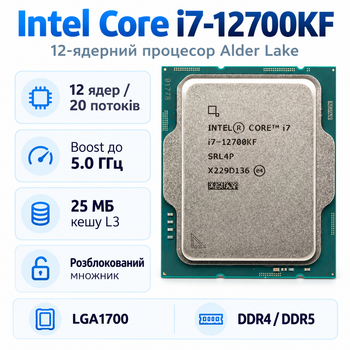 Процесор Intel Core i7-12700KF 12 ядер 20 потоків 3.6-5.0 ГГц 25 МБ LGA1700 Tray (CM8071504553829)