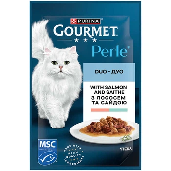 Влажный корм с лососем и сайдой для кошек (кусочки в подливе) Gourmet Perle Duo 85 г (8445291188228)