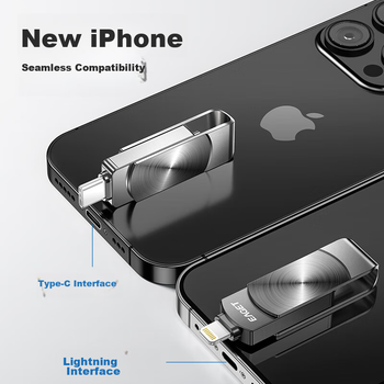 USB-флеш-накопичувач EAGET 128 ГБ з подвійним інтерфейсом Lightning/Type-C для телефонів Apple та Android, сумісний з IPhone 6/6 Plus, офіційний сертифікат Apple MFI, резервне копіювання одним дотиком, подвійне використання для телефону та комп'ютера, чор
