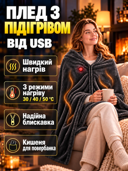 Плед с подогревом от USB 160×80 см электроодеяло электроплед электропростынь JoyPro 5V 10W 3 режима 8 зон нагрева серое