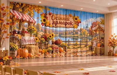 Осенние фотошторы для детского сада PHOTODECOR «Ярмарка возле деревянного забора» 1 кв.м