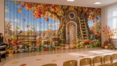 Осенние фотошторы для детского сада PHOTODECOR «Сказочные двери в старом дереве» 1 кв.м