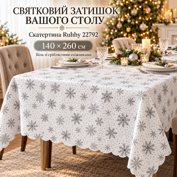 Рождественская скатерть Ruhhy 22792, 140 × 260 см, белая с серебристыми снежинками, для праздничного стола