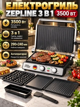 Электрогриль Zepline ZP-810 3500 Вт контактный прижимной настольный гриль 3в1 со съемными панелями для вафель сэндвичей стейков антипригарное покрытие терморегулятор