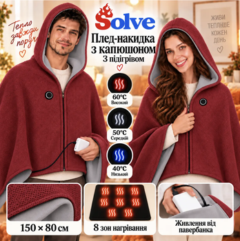 Плед-накидка с подогревом Solve с капюшоном, USB от павербанка 150x80 см, 8 зон, 3 режима, на флисе, красный, KT9009506
