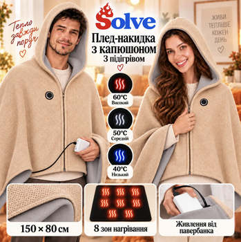 Плед-накидка з підігрівом Solve з капюшоном, USB від павербанка 150x80 см, 8 зон, 3 режими, на флісі, бежевий, KT9009504