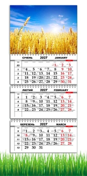 Календарь настенный квартальный на 2027 год на три пружины, Apriori , Природа Украины , Пшеница , украинский сувенир , 29,7х61см , 7 вид