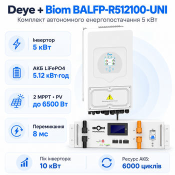 Комплект автономного енергопостачання Deye 5 кВт SUN-5K-SG03LP1-EU + Biom BALFP-R512100-UNI 5.12 кВт·год LiFePO4