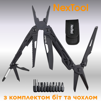Мультитул Xiaomi NexTool Black Knight NE20245 11 в 1 многофункциональный складной EDC инструмент с полноразмерными ножницами ножом пилой плоскогубцами кусачками набором бит 9 в 1 и чехлом для туризма походов кемпинга рыбалки ремонта, черный