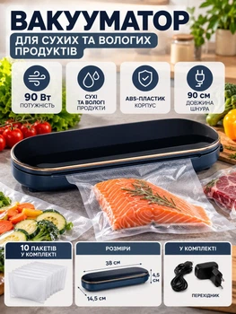 Сетевой вакууматор бытовой для сухих и влажных продуктов 90 Вт сенсорный вакуумный упаковщик с функцией запайки + 10 пакетов в комплекте Синий