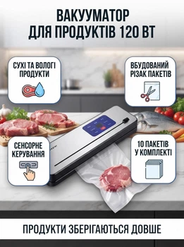 Вакууматор бытовой сенсорный для сухих и влажных продуктов 120 Вт со встроенным резаком упаковщик вакуумный