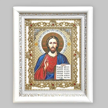 Ікона Спаситель, обличчя 15х18 см, у білому кіоті з камінням, 05657