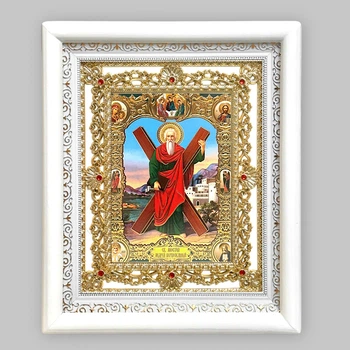 Ікона Андрій Первозваний святий священномученик, лик 15х18 см, у білому кіоті з камінням