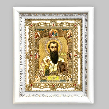 Ікона Василь Великий святитель, лик 15х18 см, у білому кіоті з камінням, 05747