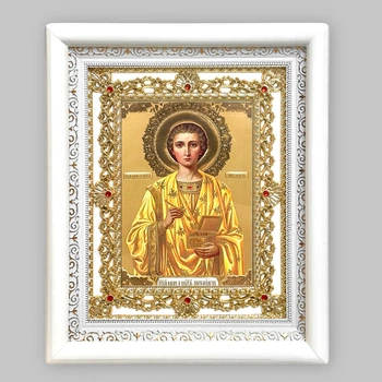 Ікона Пантелеймон святий великомученик і цілитель, лик 15х18 см, у білому кіоті з камінням, 53519