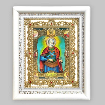 Ікона Міна святий великомученик, обличчя 15х18 см, у білому кіоті з камінням