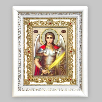 Ікона Михайло Архангел, лик 15х18 см, у білому кіоті з камінням, 05679