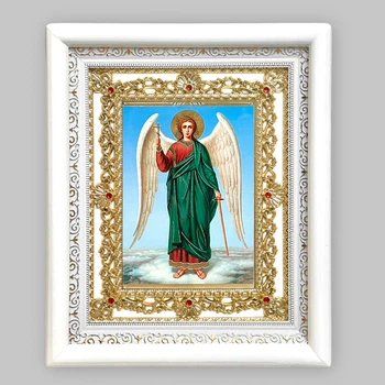 Икона Ангел Хранитель, лик 15х18 см, в белом киоте с камнями, 05740