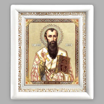 Икона Василий Великий святитель, лик 15х18 см, в белом деревянном киоте
