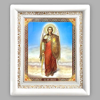 Икона Михаил святой Архангел, лик 15х18 см, в белом деревянном киоте