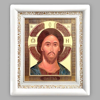 Икона Господь Вседержитель, лик 15х18 см, в белом деревянном киоте, 53137