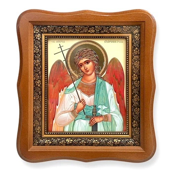 Икона Ангела Хранителя, лик 15х18 см, в светлом деревянном киоте., 53024