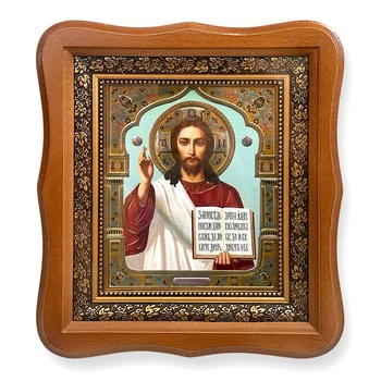 Икона Господа Вседержителя, лик 15х18 см, в светлом деревянном киоте, 53016