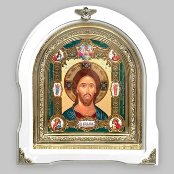 Икона Господа Вседержителя, лик 15х18 см, в белом деревянном киоте, арка, 09119
