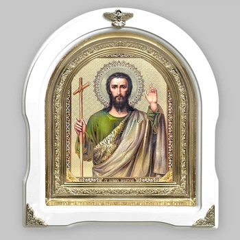 Икона Иоанн Предтеча святой, лик 15х18 см, в белом деревянном киоте, арка