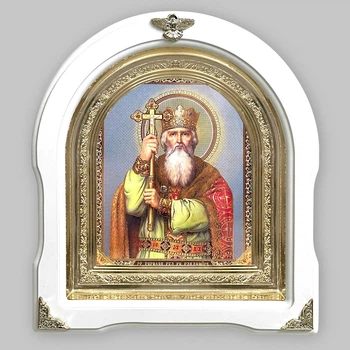 Икона Владимир святой Равноаппостольный Великий князь, лик 15х18 см, в белом деревянном киоте, арка