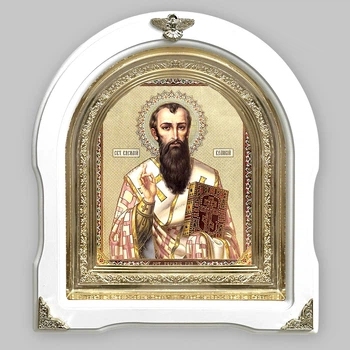 Икона Василий Великий Святитель, лик 15х18 см, в белом деревянном киоте, арка