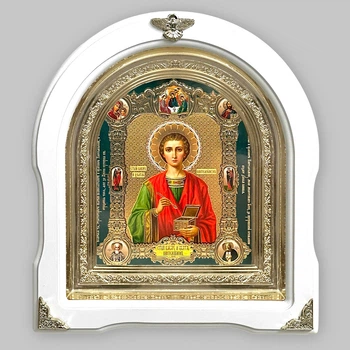 Икона Пантелеймон святой великомученик и целитель, лик 15х18 см, в белом деревянном киоте, арка, 09118
