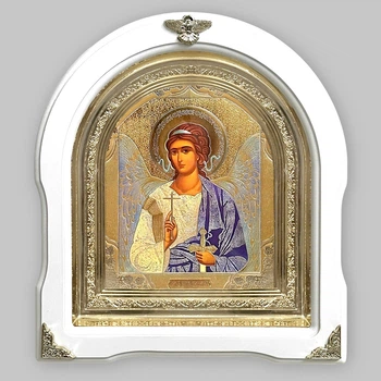 Икона Ангел Хранитель, лик 15х18 см, в белом деревянном киоте, арка