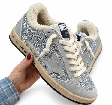 Зимние женские кеды Golden Goose светло-серые с серебристым блестящим декором из натуральной кожи и замши размер 37