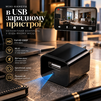 Wi-Fi камера видеонаблюдения в USB-зарядном устройстве Full HD 1080P, датчик движения, онлайн-просмотр, MicroSD
