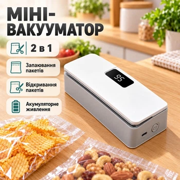 Вакуумный упаковщик портативный: запайка и разрезание пакетов, регулировка нагрева, 18 Вт, для чипсов, круп и специй