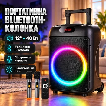 Активная акустическая система bluetooth 40 Вт с динамиком 12 дюймов, двумя беспроводными микрофонами и RGB-подсветкой