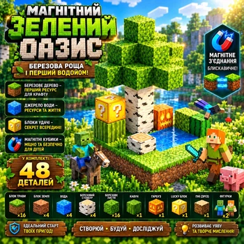 Магнітний конструктор Minecraft Березовий Оазис (48 деталей, 2 таємні фігурки) Кубики 2х2 см