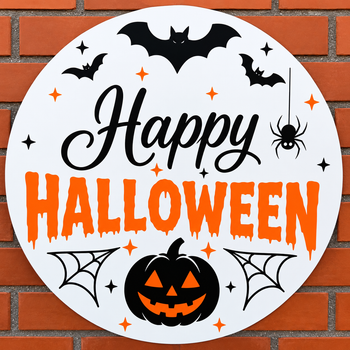 Мини Баннер Для Фотозоны Happy Halloween Тыква, Летучие Мыши И Паутина Белый