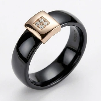Каблучка чорна кераміка з цирконом (золото 585п) 7мм 16–22р Ceramic Square Shine GONCHAR & CO. ювелірний сплав — Розмір каблучки: 22р