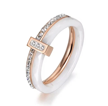 Каблучка біла кераміка доріжка з цирконами (золото 585п) 6 мм 16–19 р White Ceramic Crystal Line GONCHAR & CO. ювелірний сплав — Розмір каблучки: 16р