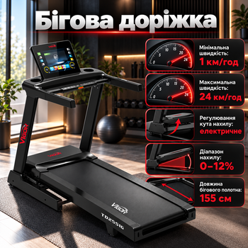 Электрическая беговая дорожка Vigor TD2551G iConsole, 4 л. с., до 24 км/ч, 15,6" TFT-дисплей, Bluetooth, 27 программ, до 150 кг