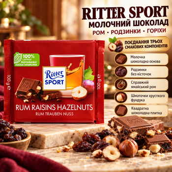 Молочний шоколад Ritter Sport з ароматним ямайським ромом каліфорнійськими родзинками та горіхами 100 г