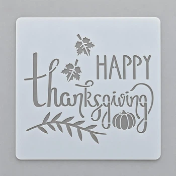 Трафарет на Хелловін з написом Happy Thanksgiving гарбузом та осіннім листям для декорування торта 15 на 15 см сірий