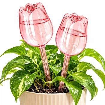 Лійка для квітів 2 шт. - 24 cm*6.5 cm, Автополив для кімнатних рослин у формі тюльпана, рожевий — декоративна система крапельного поливу квітів