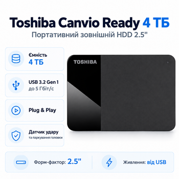 Внешний жесткий диск Toshiba Canvio Ready 4 ТБ 2.5" USB 3.2 Gen 1 Black (HDTP340EK3CA)