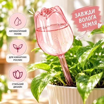 Лійка для квітів 24 cm*6.5 cm, Автополив для кімнатних рослин у формі тюльпана, рожевий — декоративна система крапельного поливу квітів, 1 шт.